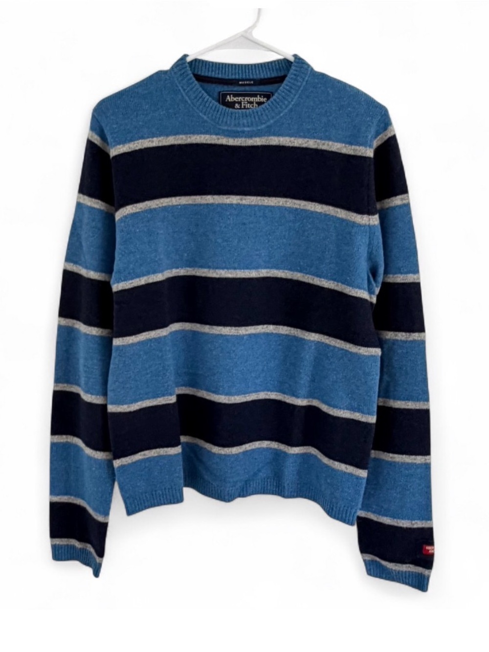Abercrombie & Fitch Men's Sweater Lambswool Blend Blue Striped L Muscle Y2K VTG